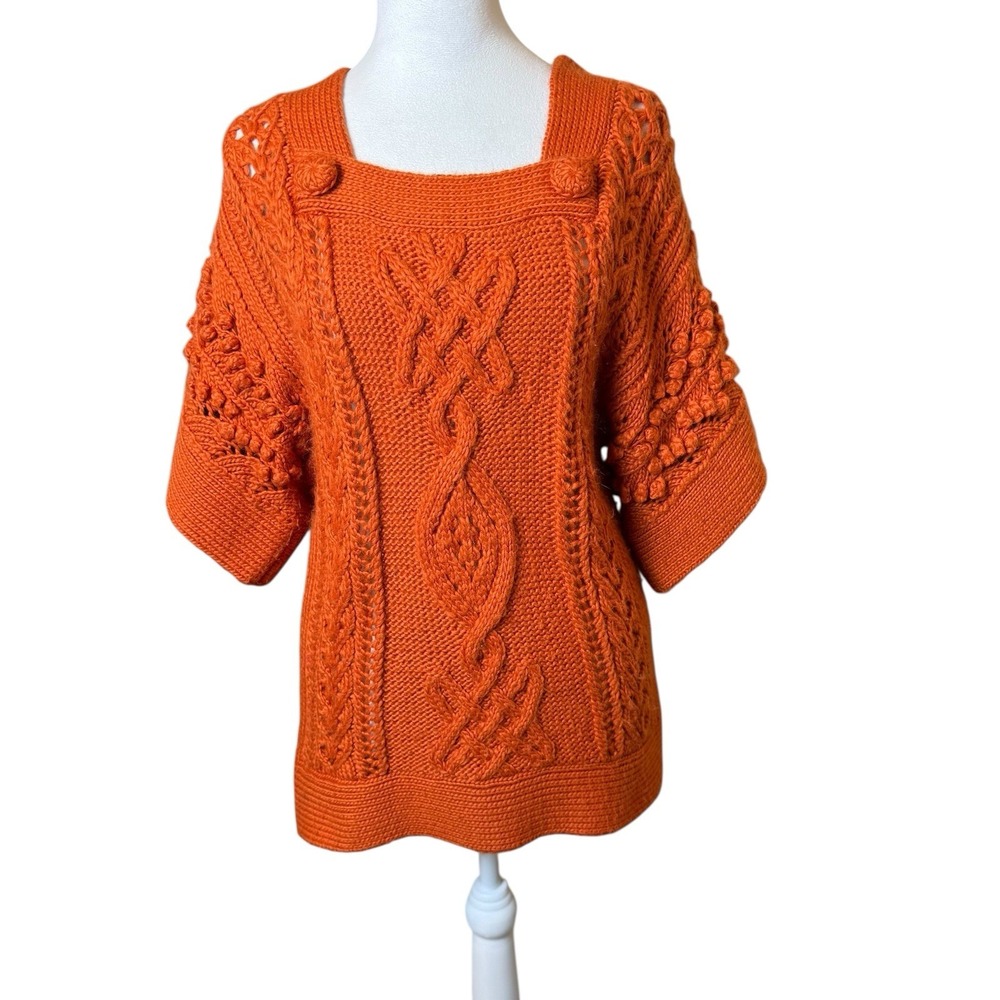 Vtg Even Womens‎ Orange Chunky Knit Short Sleeved Sweater Wool Blend Medium Boho